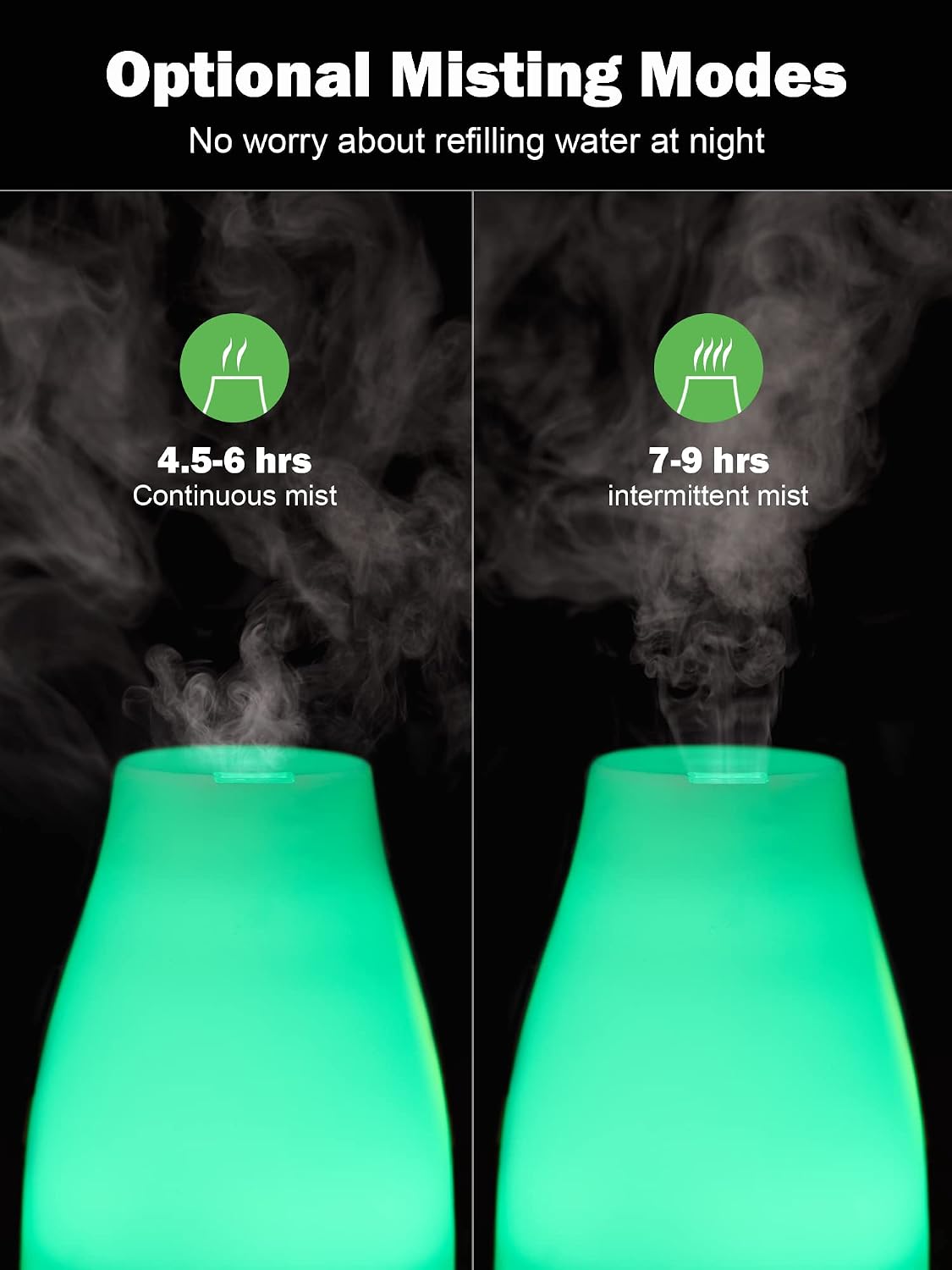 Two Puroma PMD153 Diffusers showing continuous and intermittent mist modes.