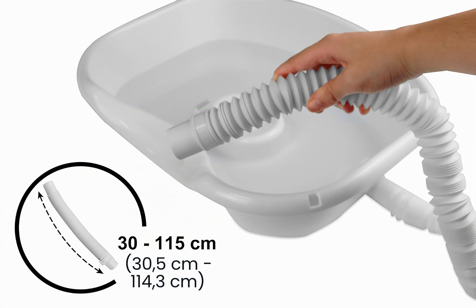 PEPE Mobility Haarwaschbecken für Bettlägerige, Mobiles Kopfwaschbecken für Senioren, Starre Haarwaschwanne mit 115 cm Ablaufschlauch, Haarwaschhilfe für das Waschen der Haare im Bett, Weiß