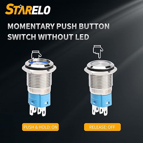 Miniatura 5 de STARELO 5 interruptores de botón LED momentáneos de 0.630 in, carcasa plateada, interruptor de botón impermeable IP65, 1NO 1 NC con enchufe de
