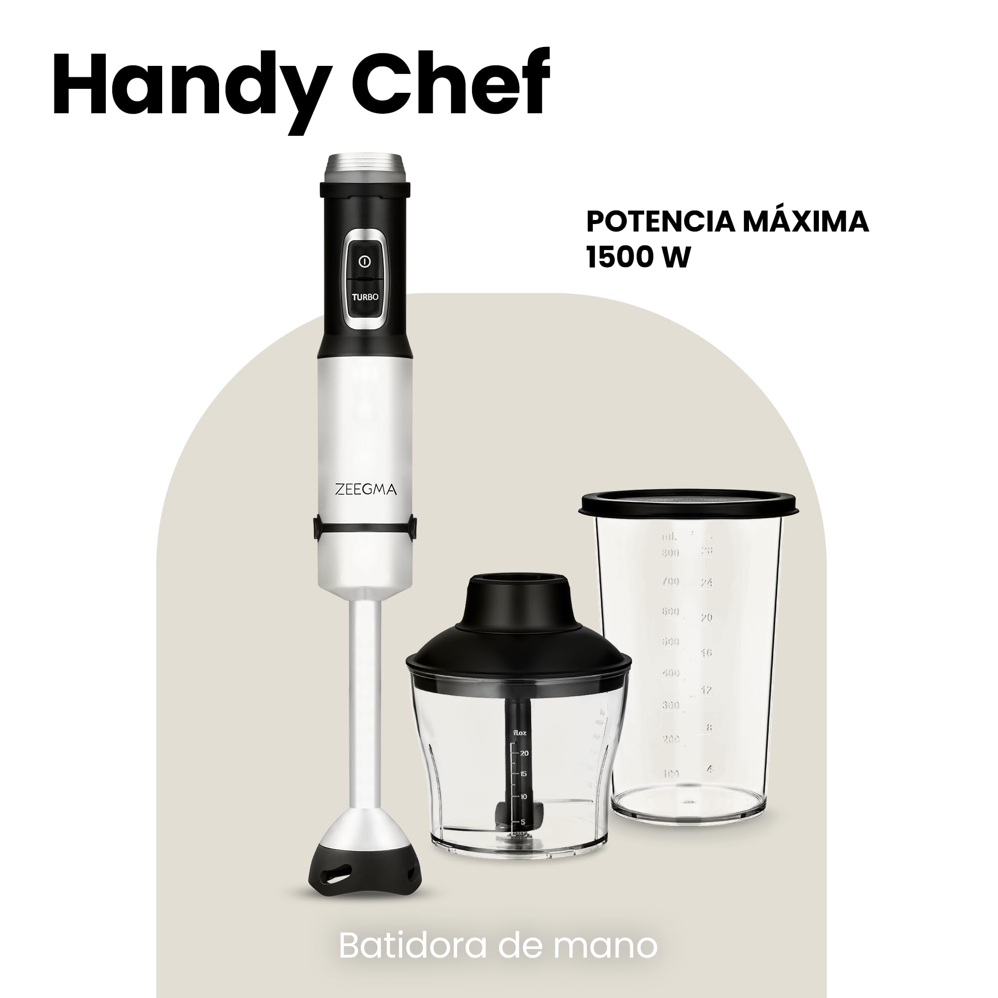 ZEEGMA Batidora de mano Handy Chef 5 en 1 multifuncional de 1500 W, juego de boquillas: batidora, gancho para mezclar, procesador de alimentos de 0,6 l, recipiente de 0,8 l, modo turbo