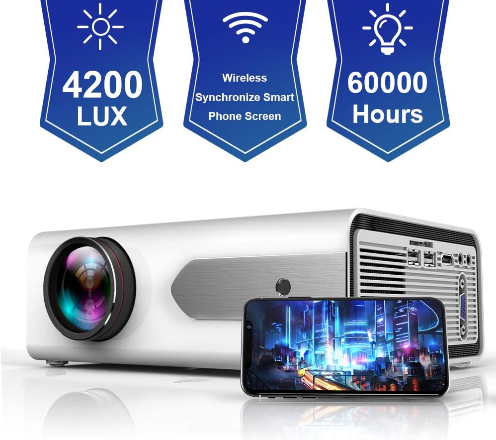 Upgraded Mini Portable Projector 4200 Lux WiFi Wireless Synchronize Smart Phone Screen,1080P Supported 180" Display, Multimedia Connections, Compatible with Laptop/PS4/Fire TV Stick/Computer