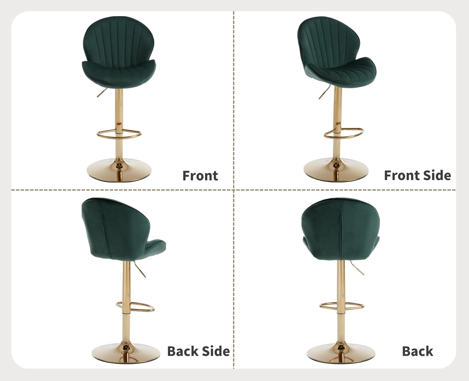 CIMOTA Velvet Green Bar Stools Set of 4 Adjustable Height Bar Chairs Modern Swivel Barstools with Shell Shape Back Kitchen Stools for Island/Home Bar/Counter, (Gold Base/Velvet Green)