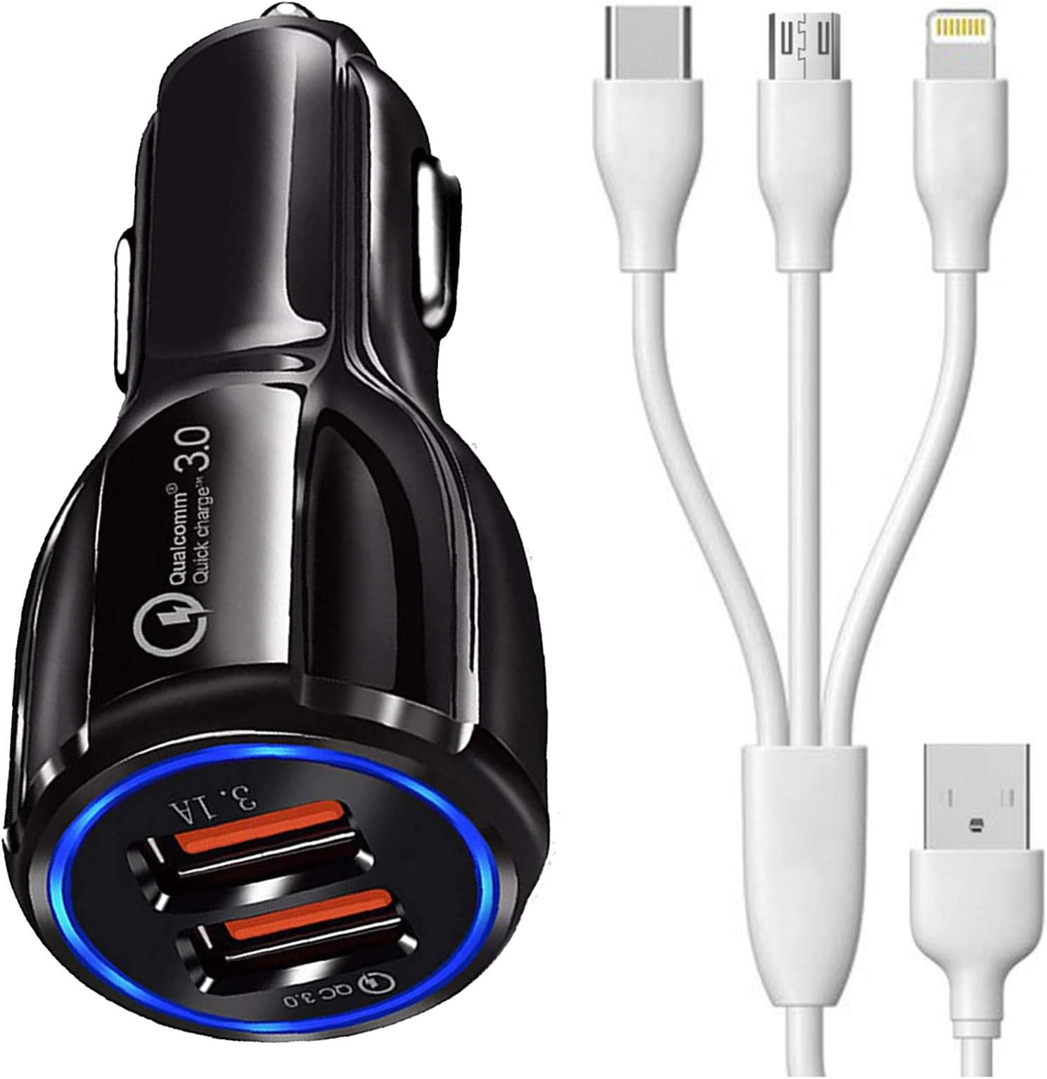 Salecart Dualport Car Charger For Storm Motors Car Charger Adapter B Type 3.0A Dual USB Port Car Charger Adapter socket High Speed Designed for Qualcomm Certified Quick Rapid Fast Turbo Charge QC 3.0 Smart Car Charger With 1.2m 3-in-1 Multi Cable Micro USB Android, iOS and Type-C USB Cable (Black, 3.4Amp, A2)