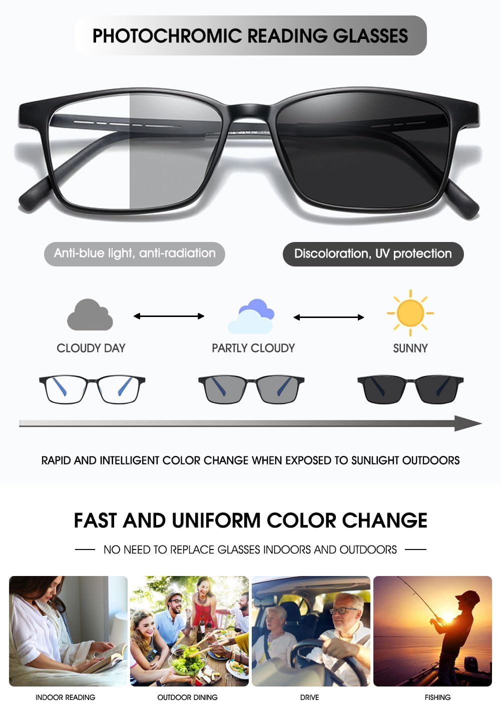 VEVESMUNDO Selbsttönende Lesebrillen Sonnenlesebrille Metall Blaulichtfilter Herren Damen Lesehilfe Brille mit uv-sonnenschutz