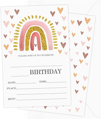 JJOINUS Invitaciones de cumpleaños para niñas y niños, invitaciones de cumpleaños boho para la primera fiesta, 20 invitaciones y sobres