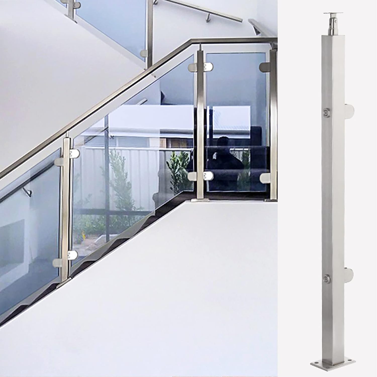 Balustrade Posts Home Balcony Patio Glass Guardrail Post/Tempered Glass Panels Clamps Standoff Column - for Villa Entrance/Loft/Decking, with Stainless Steel Handrail Bracket Square Base (end post H 8