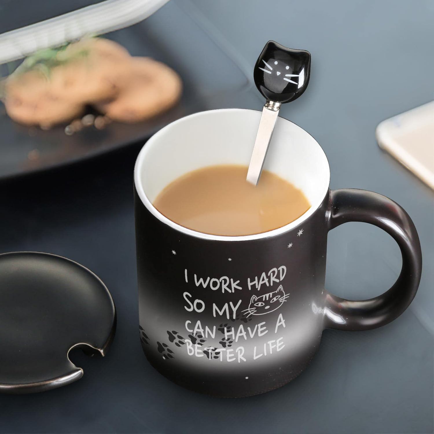 Color Changing Coffee Mug 11oz - I Work Hard So My Cat Can Have a Better Life - Halloween Cat Cup With Black Lid and Head Spoon, Gifts for Birthday, Christmas - Image 7