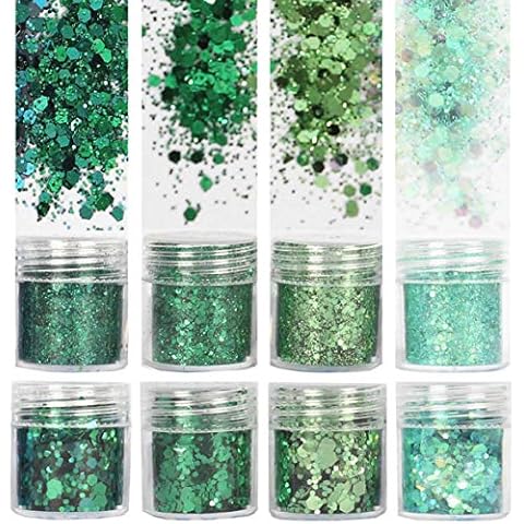 COKOHAPPY St. Patrick's Day Holographic Green Chunky Glitter 8 Boxes 10ml Sequins Iridescent Flakes Hexagon Tips Mixed Paillette Face Eyes Body Hair Nail Art Cover
