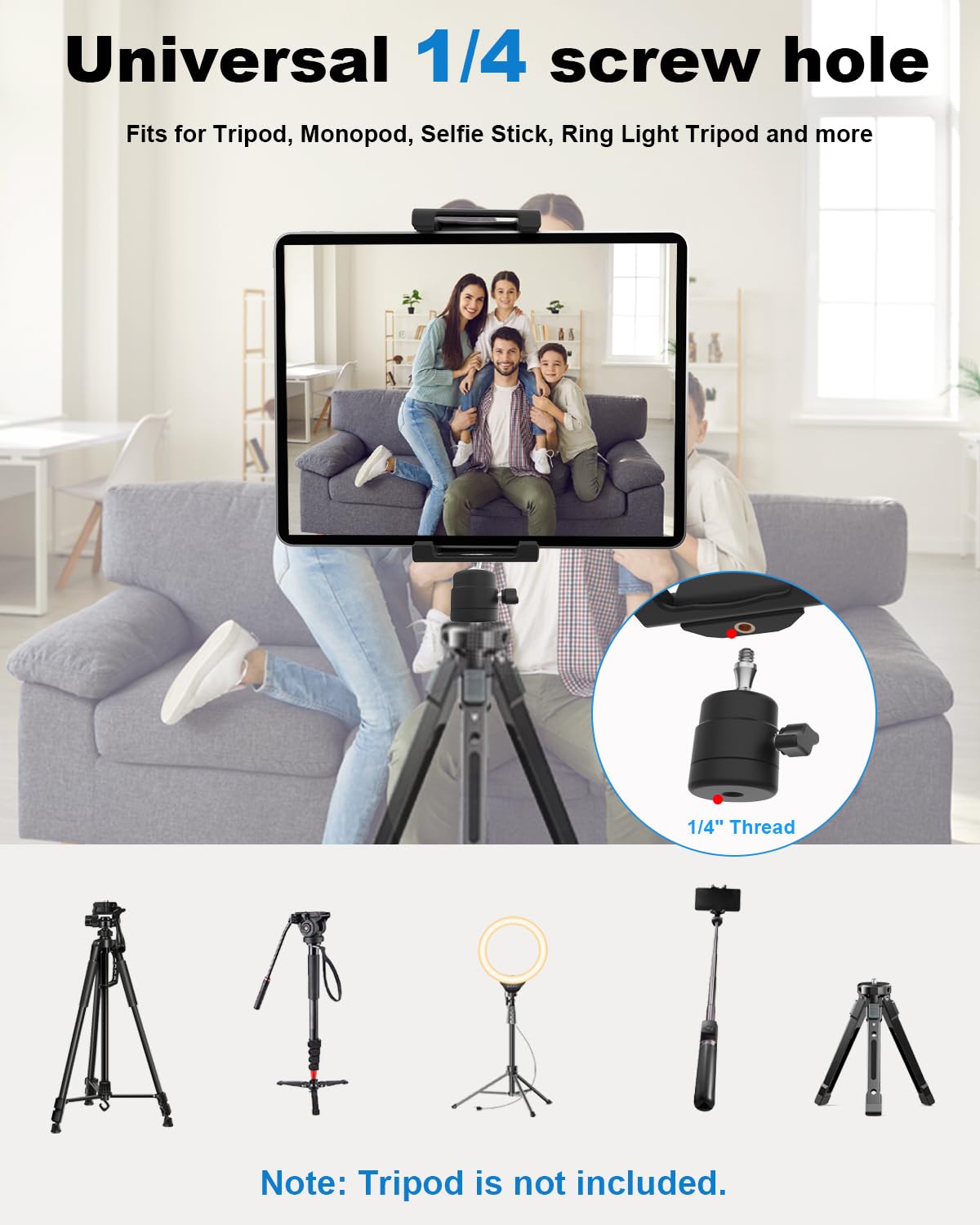 Universal Tablet Tripod Mount Adapter for iPad with 360° Rotatable Ball Head &1/4