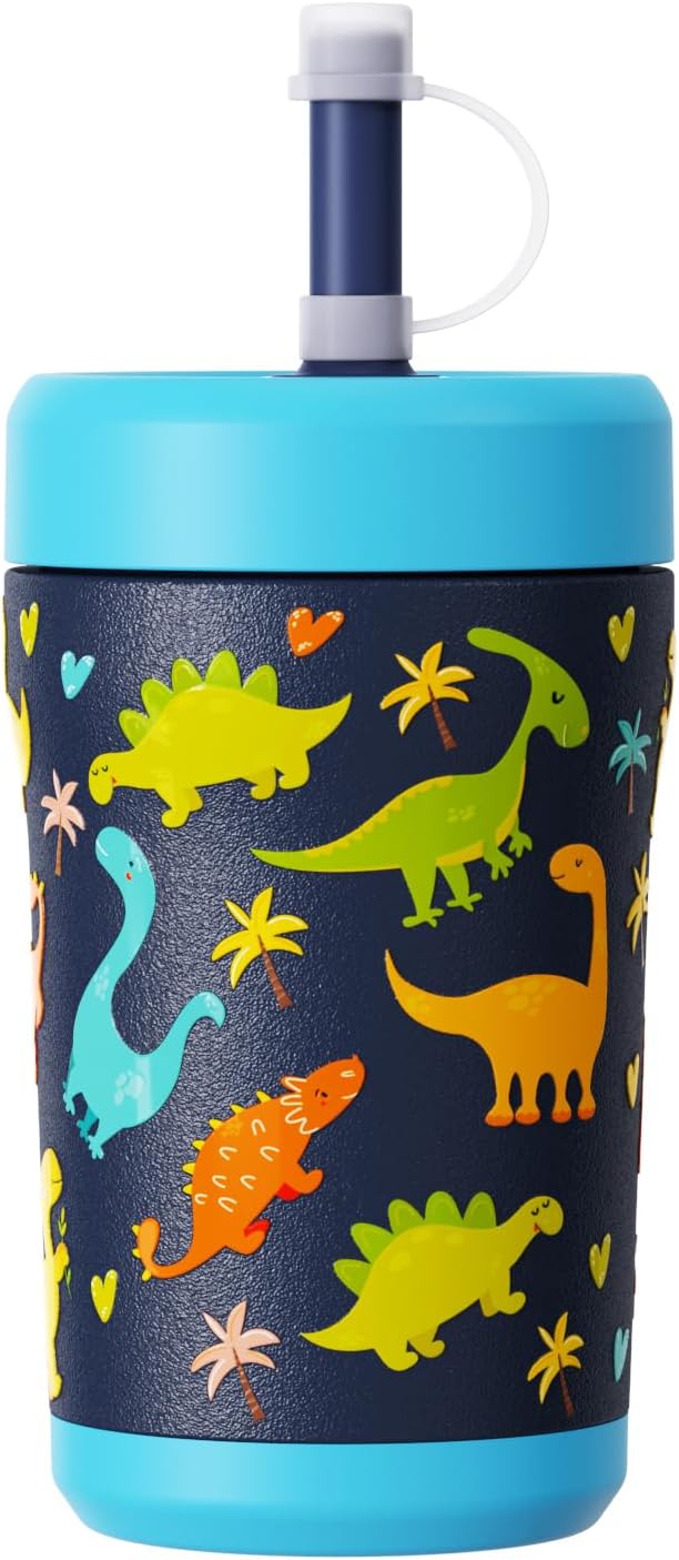 Sursip Toddler Kids Insulated Tumbler with Straw and Lid, 12 oz Vacuum Stainless Steel Sippy Cup Spill Proof with Transparent Visible Lid, BPA Free & Dishwasher Safe - Dinosaur