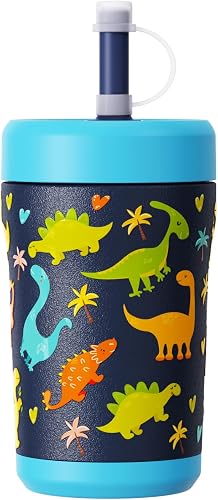 Sursip Toddler Kids Insulated Tumbler with Straw and Lid, 12 oz Vacuum Stainless Steel Sippy Cup Spill Proof with Transparent Visible Lid, BPA Free & Dishwasher Safe - Dinosaur