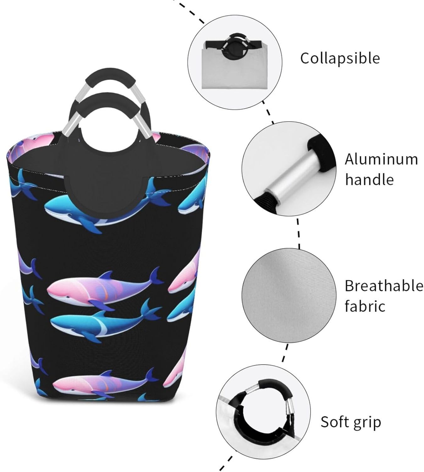 Nautical Whale Foldable storage bag, 50L capacity, suitable for laundry room, dormitory bedroom, dirty clothes storage basket.