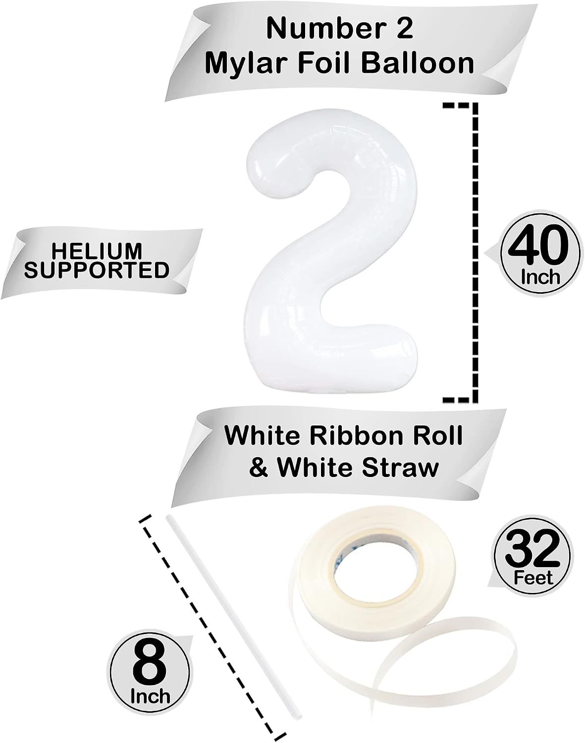 White Number 2 Balloon for 2nd Birthday Decorations - Large 40 Inch, White Number Balloons | Giant Number 2 Balloon for Birthday Party Decorations | Mylar 2 Balloon Number for 2 Year Anniversary Party