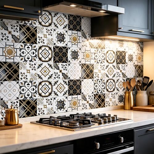 Protector Salpicaduras Cocina 15x15cm Geometría Amarilla Negra Azulejos Adhesivos y Baldosas Adhesivas Pared,Material PVC Impermeable para Decoración, Baño y Espacios Interiores