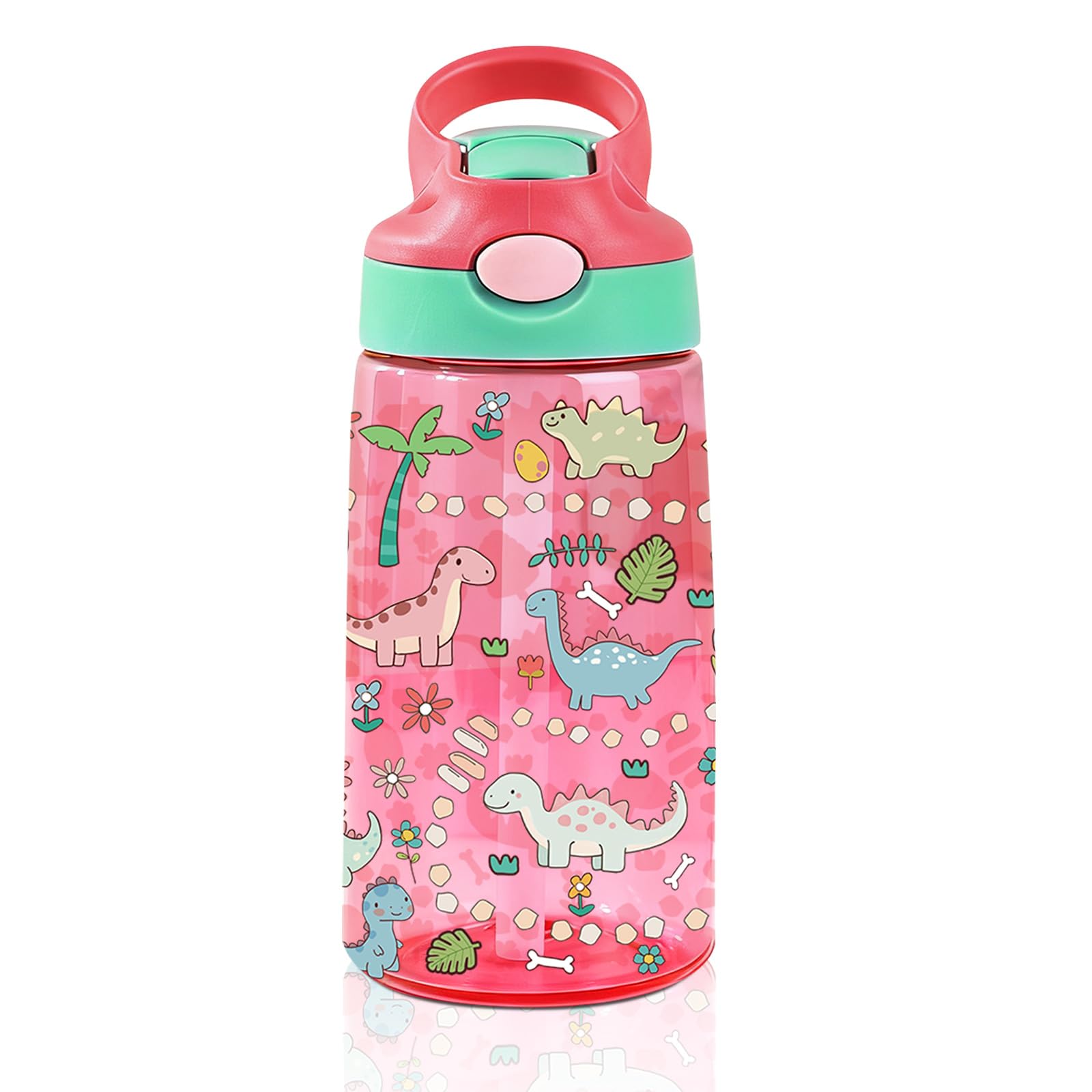 14oz Dinosaur Kids Water Bottle with Straw Lid - Cute Water Bottles for Kids, Leakproof, Lightweight, Durable Plastic Bottles for School, Pop-Up Straw Cover, Gift Cup for Girls Boys (Dinosaur)