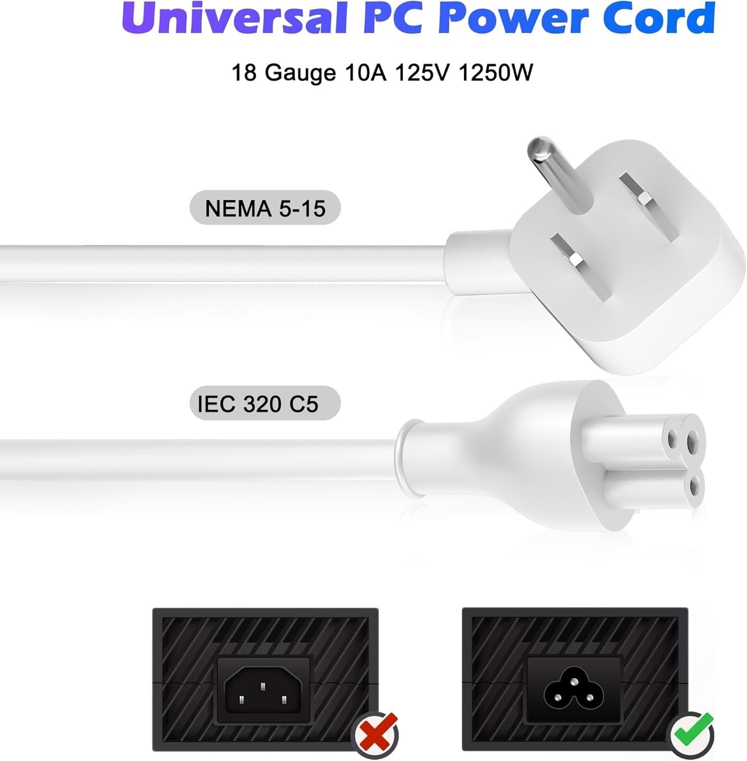 Adoreen 45 Degree Angled Flat Plug Mickey Mouse Replacement Laptop Power Cord 20 Ft, Seamless 5-15P to IEC 320 C5 3-Prong Universal AC Cable for PC Notebook Printer Dell HP TV, 18AWG, ETL+Ties-White