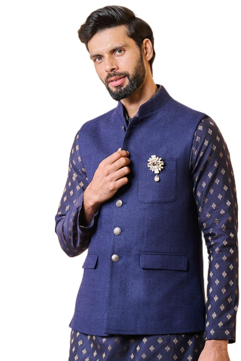 tasva Solid Navy Cotton Bundi For Men-picture-48