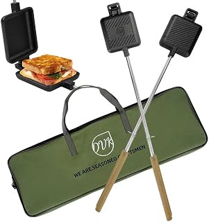DVK 5 Inch Pie Irons for Camping Large Cast Iron Sandwich Maker 2 PCS with Storage Bag 23" Thickened Handles for Campfire Cooking Equipment
