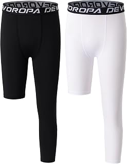 DEVOROPA Boys One Leg Compression Pants 3/4 Basketball Leggings Youth Soccer Tights Athletic Base Layer