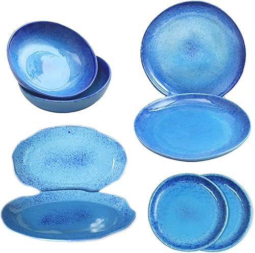 roro 8 platos y cuencos de cerámica de color azul coral playa manchados de cerámica de 8 piezas
