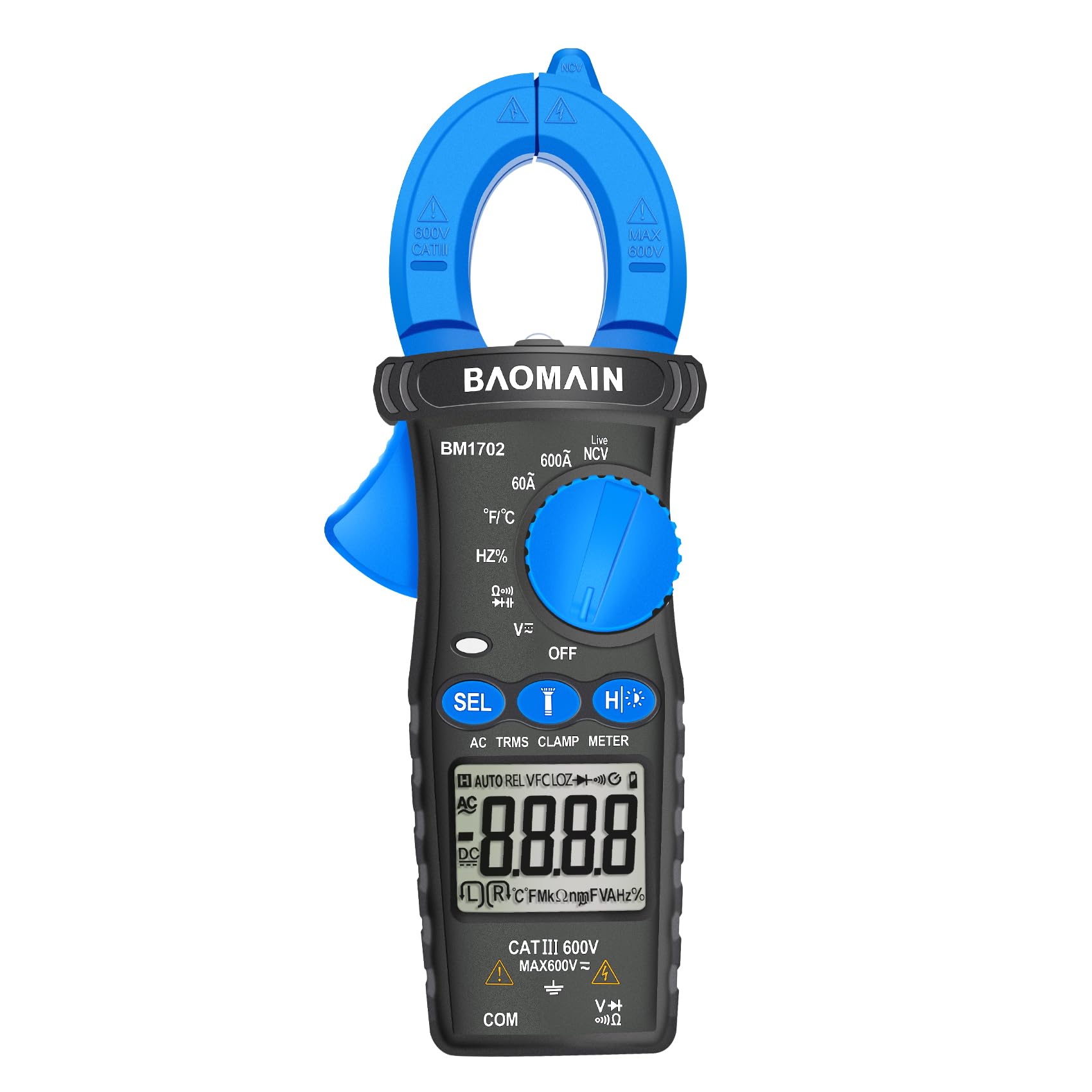 Baomain Digitales Zangenmessgerät, T-RMS 6000 Zähler Mehrzweck-Zangenmessgerät für 60A/600A AC Strom, AC/DC Spannung, Temperatur, Diode, Widerstand, Kapazität, Durchgangsprüfung, NCV, Frequenz