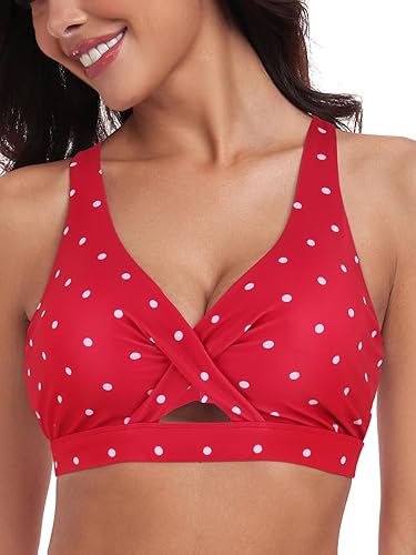 RELLECIGA Women's Red Polka Dot V Neck Bikini Top Criss Cross Cutout Bathing Sui