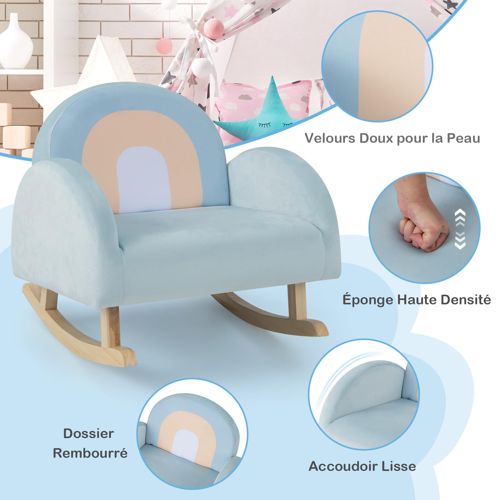 GOPLUS Fauteuil à Bascule Enfant 3-5 Ans, Canapé Enfant avec Cadre en Bois Massif et Revêtement en Velours, Design Anti-Basculement, Chaise à Bascule pour Chambre d'enfant, Salle de Jeux, Bleu
