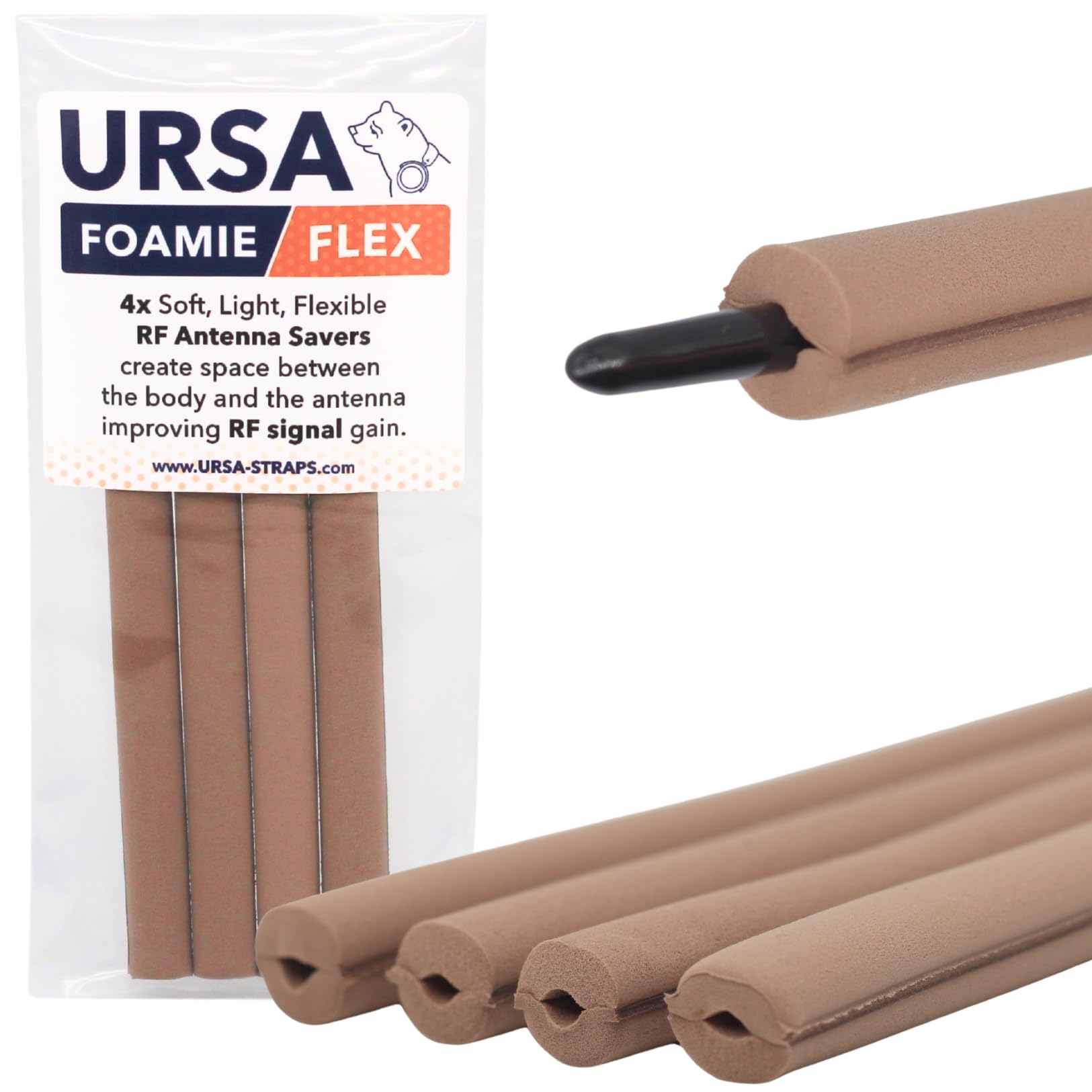 URSA Foamie Flex RF Savers - Protectores de RF de espuma flexible para antenas de látigo y antenas - Mejora la señal, reduce el ruido de la ropa y protege contra el sudor, paquete de 4 (caramelo)