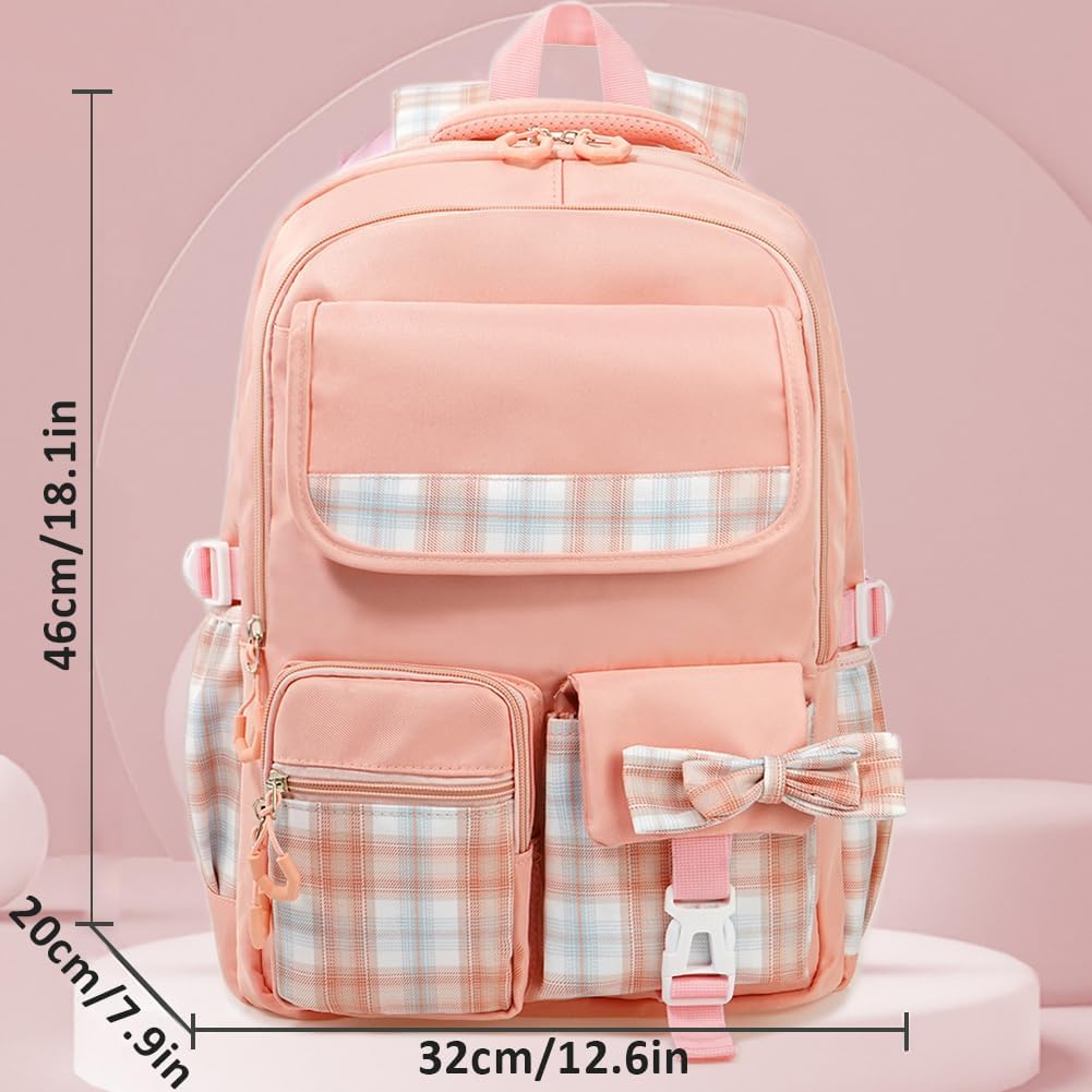 MCWTH Checkered Backpack for Teen Girls, Kawaii Cute Kids Elementary Student School Backpacks (Bow Pink)