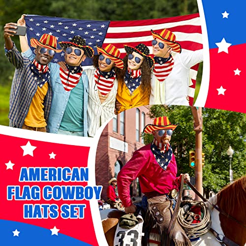 Mepase 6 Pcs American Flag Cowboy Hats Set, 2 Usa Patriotic Cowboy Hat 2 American Flag Sunglasses 2 Triangle Scarf For Independence Day Decoration Supplies Women Men (Red, Beige, Blue) #TOP6