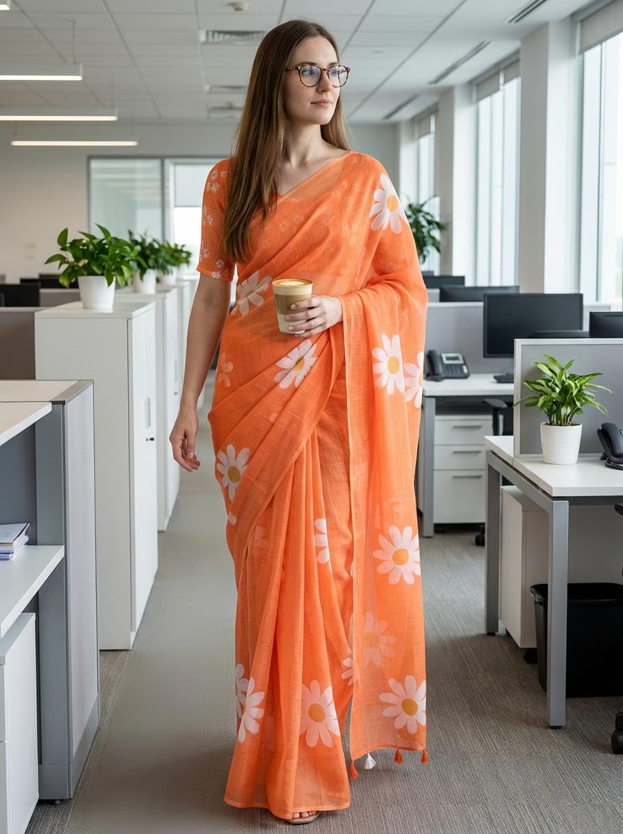 anand sarees Women's Printed Cotton Linen Saree With Unstitched Blouse piece-picture-2