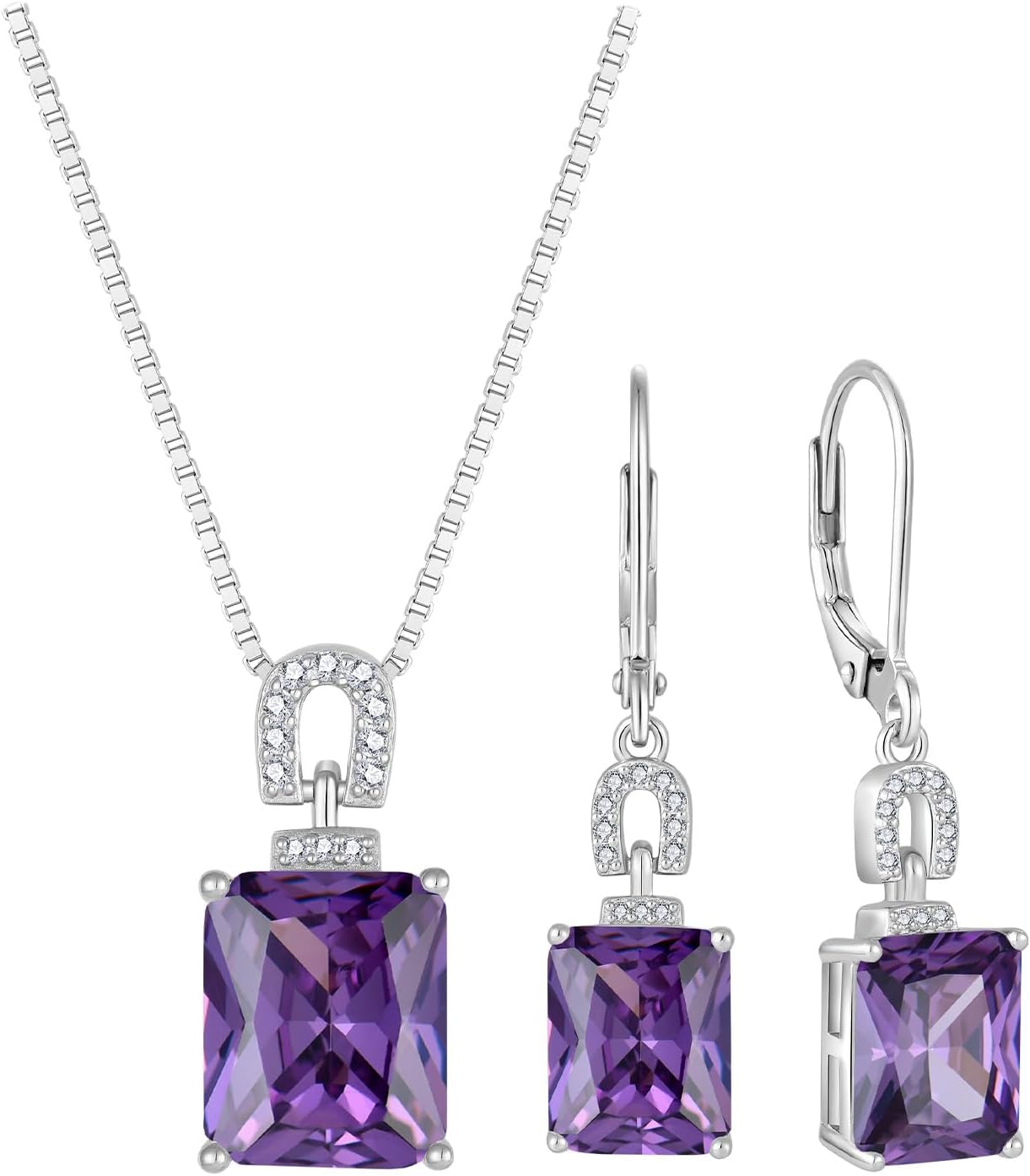 Emerald Cut Necklace Earrings Set 925 Sterling Silver Amethyst Jewelry Set February Birthstone Jewelry for Women