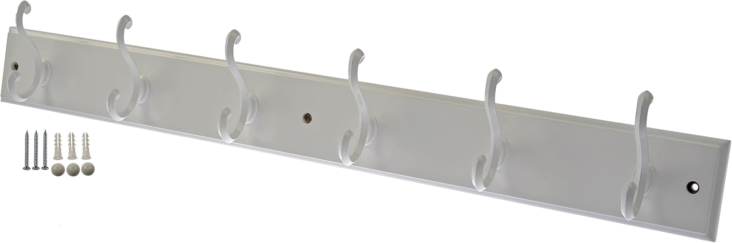 Dorman Hardware 4-1822 Hook Board, with 6 Traditional Double White Hooks, 27-Inch, White Finish