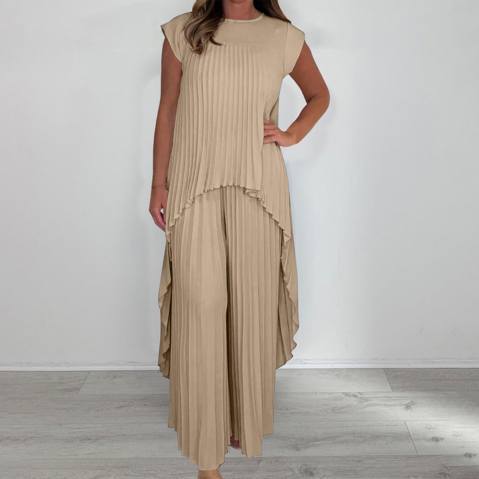 2 Teiler Damen Elegant Set Plissiertem, Kurzärmeligem, Unregelmäßigem Midi-Oberteil Und Hose Mit Weitem Bein Elastischem Bund Airport Outfit Women Hosen Anzug Große Größen Ballkleider