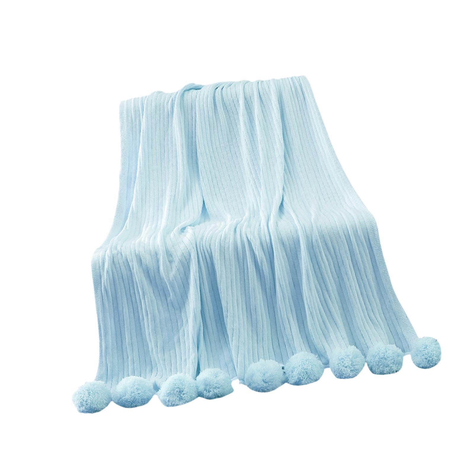 Jeté de lit en coton tricoté haut de gamme bleu avec détails pompons chic