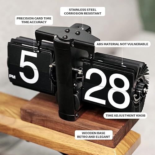 Miniatura 3 de Reloj de escritorio abatible (madera negra), reloj de mesa retro vintage automático abatible, gran número, mecánico, funciona con pilas, relojes