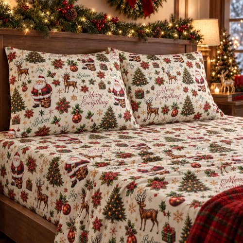 YIYEA Queen Christmas Sheet Set, 110 GSM Microfiber, 16" Deep, 4-Piece