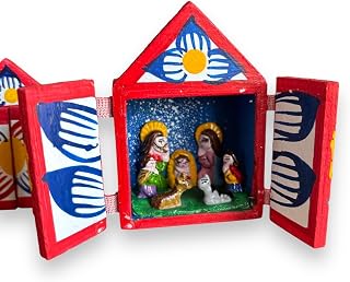 Peruvian Christmas Retablo 2.5", Folk Art Wood Altarpiece with Nativity Scene, Handcrafted Christmas Indoor Decor (Red)