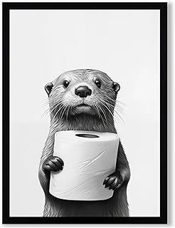 Framed Black and White Bathroom Canvas Wall Art, Funny Animal Bathroom Decor Cute Otter Holding A Roll of Toilet Paper Picture Modern Humor Painting Wall Decor Ready to Hang 16'' x 12''
