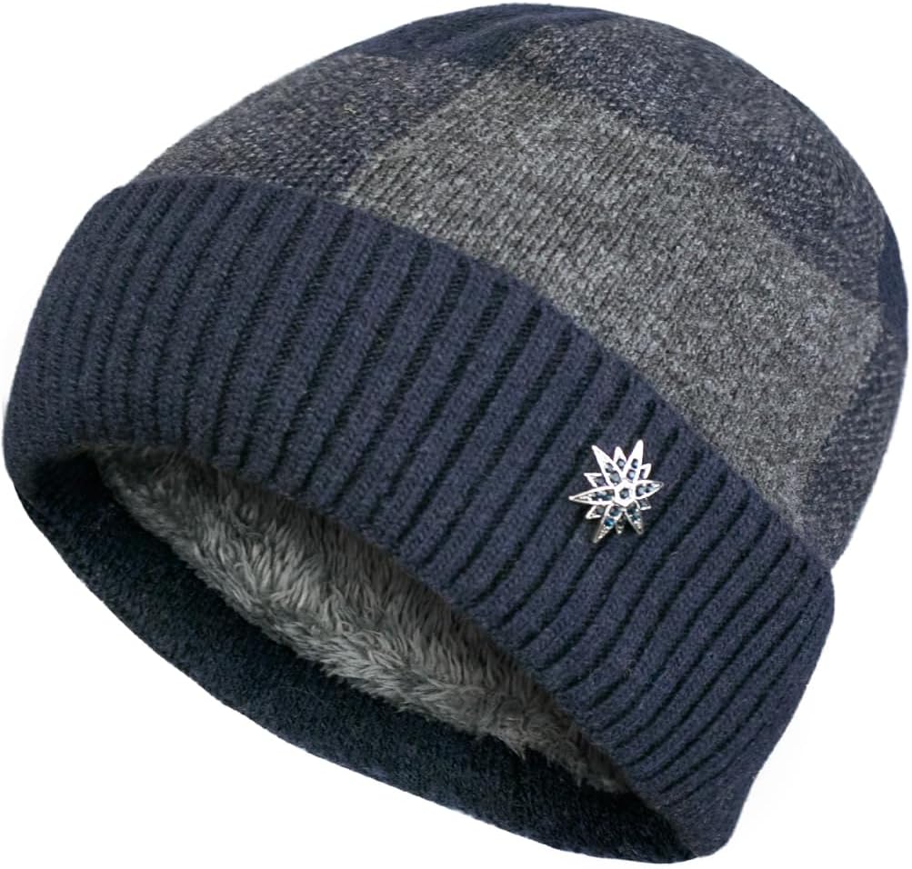 Dahlia Men's Skullies & Beanies - Wool, Knit Winter Hat, Fleece Lined,