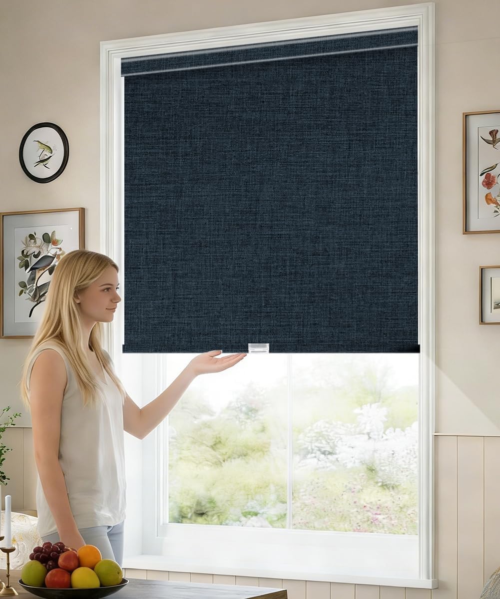 Blackout Cordless Roller Shade, Spring Free-Stop Pull-Down Window Blind, Custom Size, Thermal Insulated, UV Blocking, Room Darkening, Drill-Mount for Home (Fabric Navy Blue)