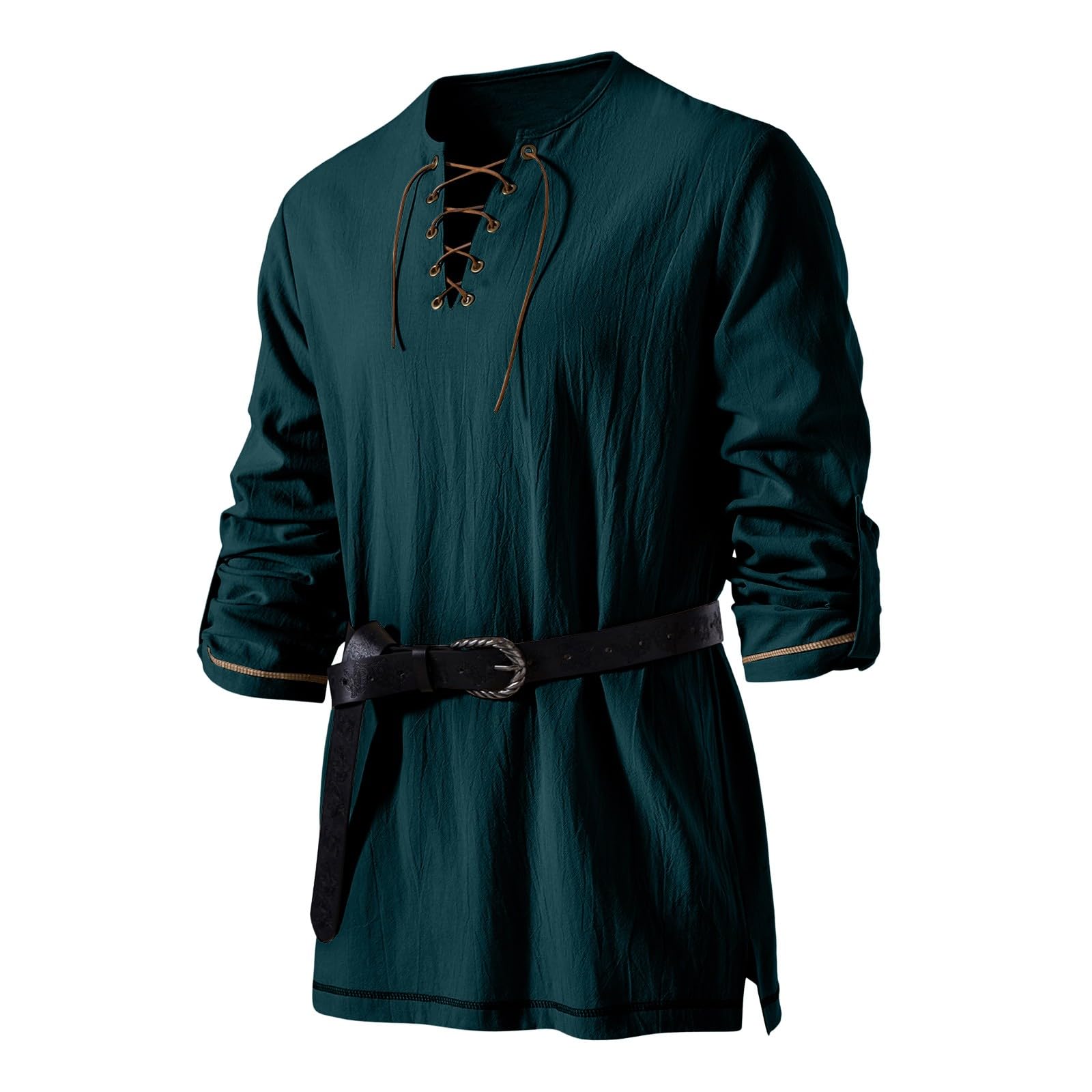 Cocila Men's Medieval Viking Pirate Renaissance Shirt with Belt Halloween Retro Shirts Cotton Linen Drawstring Vintage Cosplay Tops Loose Lace Up Shirts Blackish Green 3XL