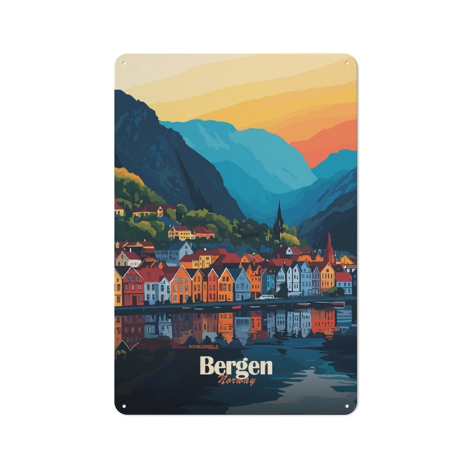 Rustic Bergen, Norway Cityscape Tin Wall Plaque 30x20cm, Rustic Kitchen Decor for Cottage, Kitchen, Hallway Or Breakfast Nook