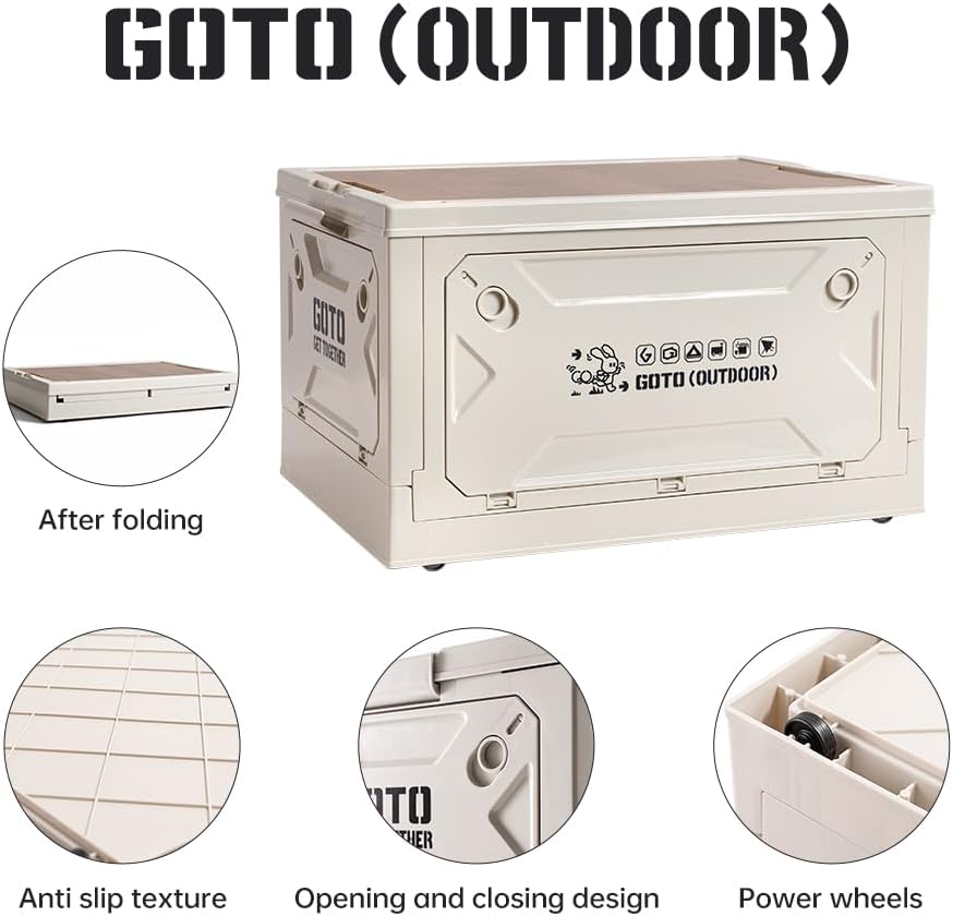 GOTO 50L Folding Storage Box with Wooden Lid, Stackable Foldable Storage Bin with Wooden Cover, Side Opening Folding Storage Containers for Camping, Car Trunk, Home Sorting (Creamy White)