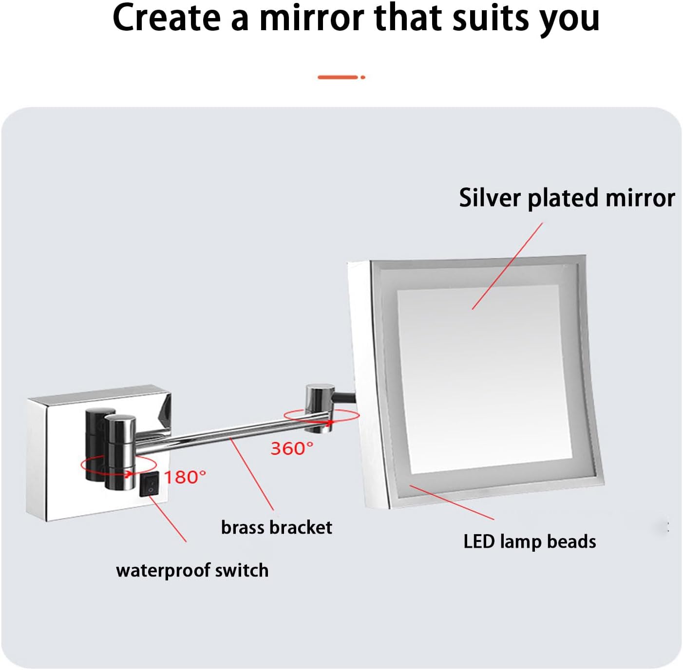 LED Makeup Vanity Mirrors, Square Single-Sided Lighted Makeup Mirror Wall Mounted Bathroom Mirrors,Rotable Extendable Shaving Mirror, Plug-in,Silver