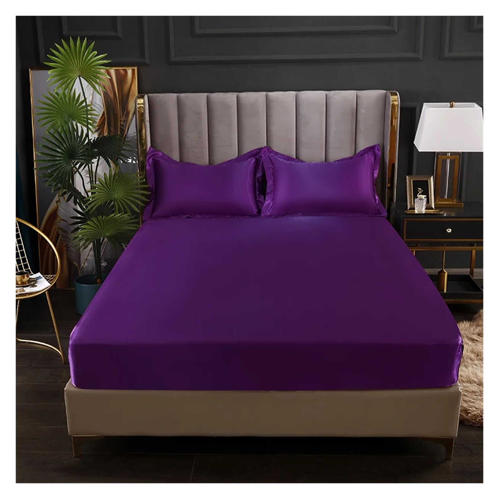Drap satin drap-housse de luxe couleur unie violette taille 140x190 pour lit double