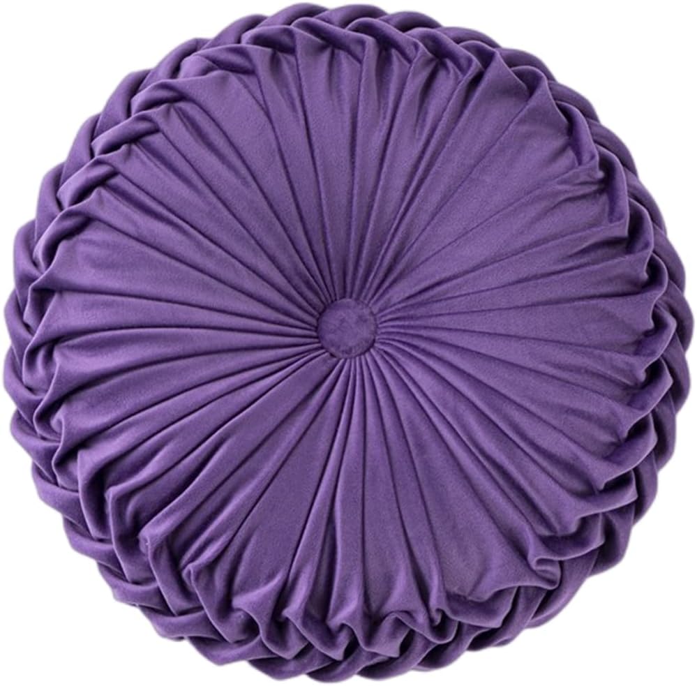 Baiyuruodie 38cm Round Velvet Throw Pillow Dark Purple - Plush Pleated Sofa Bed Floor Cushion Decor