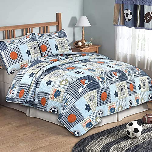 Cozy Line Home Fashions Blue Sports Baseball Basketball Soccer Ball Football Quilt Set Bedspread Coverlet for Boys Kids (Sport Twin - 2 piece)