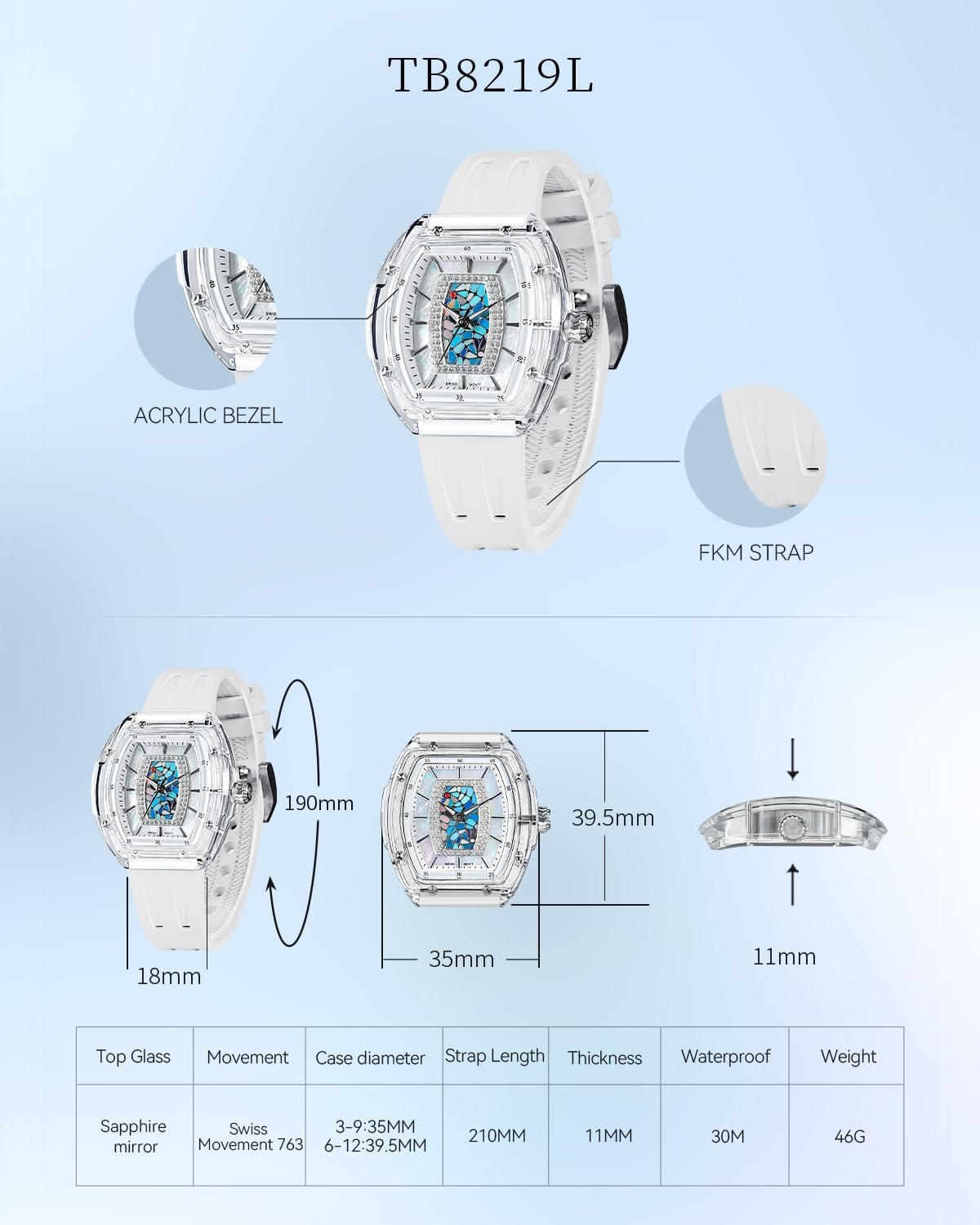 TSAR BOMBA Watches for Women Ladies Sapphire Glass Swiss Quartz Movement Wrist Watches with Fluorine Rubber Classic Tonneau Design Luminous 30M Waterproof Beautiful Gifts for Women