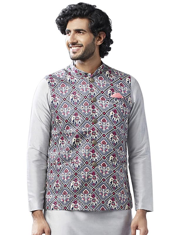 kisah Men's Nehru Jacket, Grey Cotton Blend, Printed Regular Fit Mandarin Collar Long Sleeves-picture-12